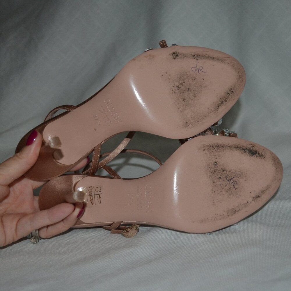 Sz 37.5 Gedebe Cecile Satin Nude Rhinestone Bow Detail 3.5" Strappy Heels - Picture 8 of 9